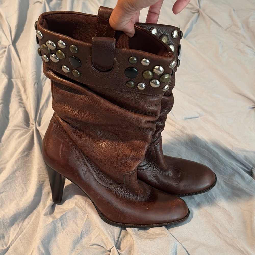 Brown Heeled Boots with Studded Accents